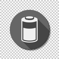 Half charged battery, technology icon. flat icon, long shadow, circle, transparent grid. Badge or sticker style