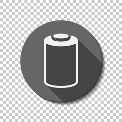 Empty battery, low level of energy, technology icon. flat icon, long shadow, circle, transparent grid. Badge or sticker style