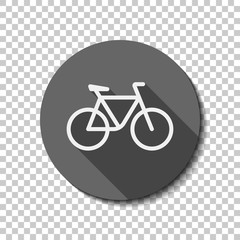 Simple bicycle, linear outline icon of bike. flat icon, long shadow, circle, transparent grid. Badge or sticker style