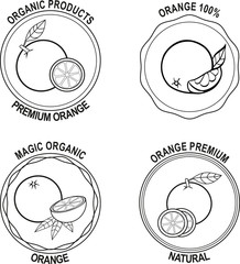 Badge for label or package, orange as icon, set of seals, round lemon symbol, food print form, citrus logo