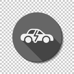 Eco logo of electric car with lightning mark, technology icon. flat icon, long shadow, circle, transparent grid. Badge or sticker style