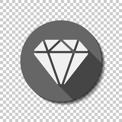 Diamond or brilliant, icon of wealth. flat icon, long shadow, circle, transparent grid. Badge or sticker style