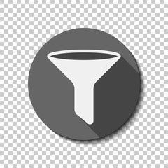 funnel or filter icon. flat icon, long shadow, circle, transparent grid. Badge or sticker style