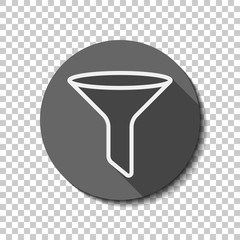 funnel or filter, linear outline icon. flat icon, long shadow, circle, transparent grid. Badge or sticker style