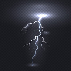 Realistic electricity lightning flash bolt or thunderbolt isolated on transparent background. Vector electric light thunder spark or white power blast storm template.