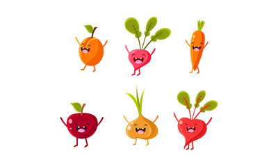Cute fruit and vegetables characters set, apricot, radish, carrot, apple, onion, beet vector Illustration