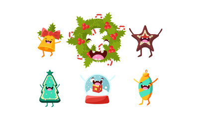 Cute Christmas cartoon characters set, funny decoration elements vector Illustration