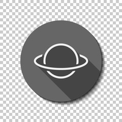 Planet with line of orbit, outline linear icon. flat icon, long shadow, circle, transparent grid. Badge or sticker style