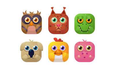 Cute animals set, square app icons, assets for GUI, web design, owl, lynx, crocodile, dog, chicken, pig vector Illustration