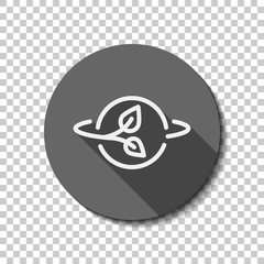 Planet and leaf, eco green energy, outline linear icon. flat icon, long shadow, circle, transparent grid. Badge or sticker style