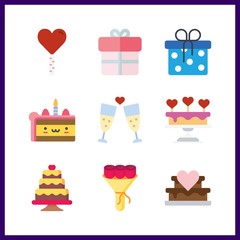 9 birthday icon. Vector illustration birthday set. wedding cake and toast icons for birthday works