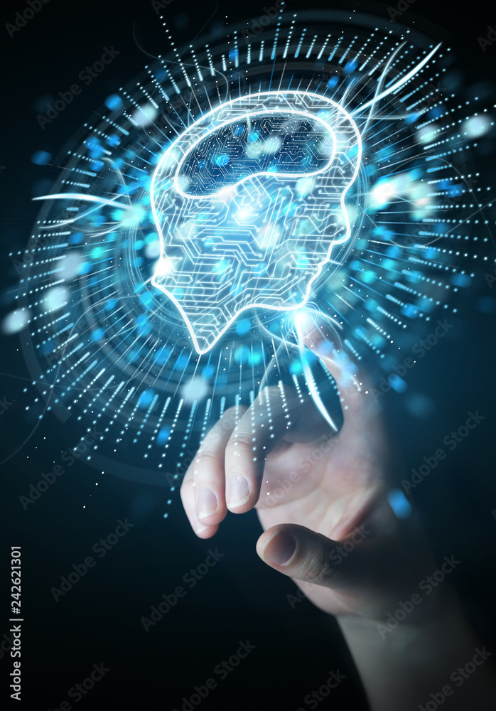 Poster businesswoman using digital artificial intelligence icon hologram 3d rendering