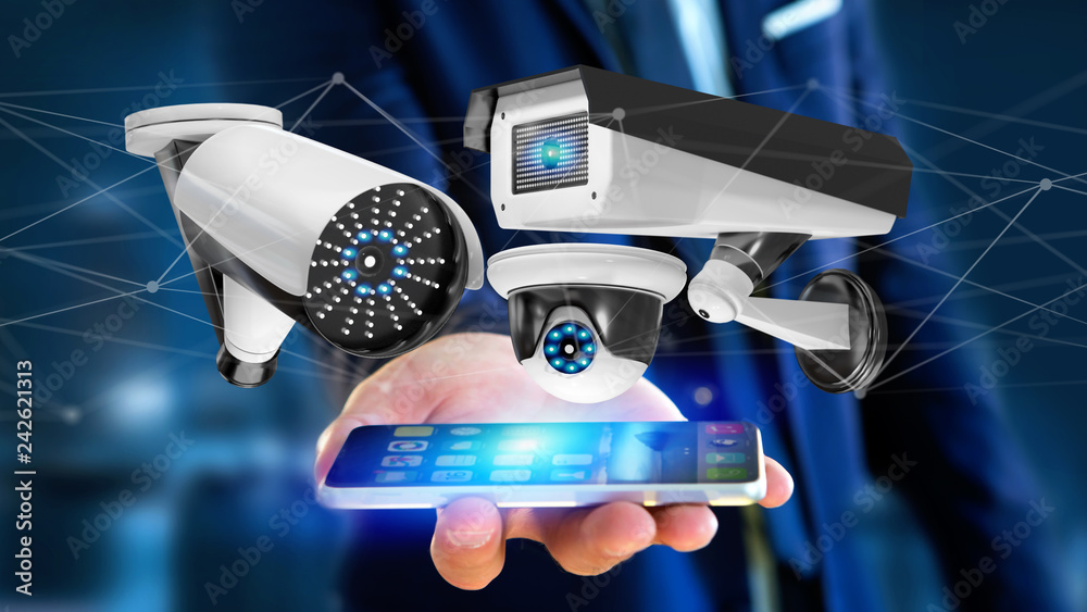 Poster businessman using a smartphone with a security camera system and network connection - 3d rendering