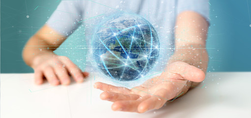 Man holding Connection around a world globe isolated 3d rendering