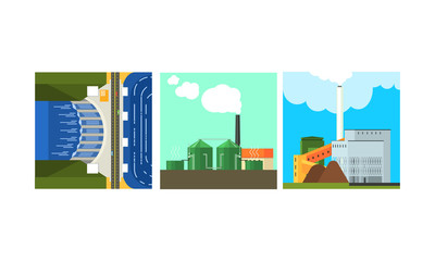 Power plants, clean and polluting energy generation production, alternative energy vector Illustration