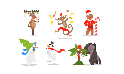 Funny Christmas characters for winter Holidays design, reindeer, monkey, gingerbread, snowmen, gorilla and palm tree vector Illustration