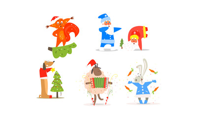 Funny Christmas characters for winter Holiday design, New year and Christmas collection vector Illustration