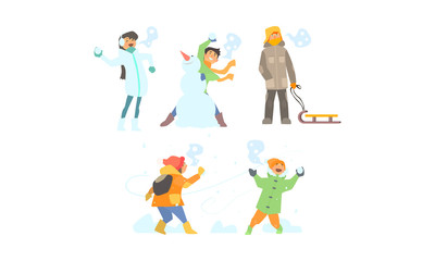 Obraz na płótnie Canvas Winter activities set, making snowman, playing snowballs, kids having fun and enjoying snow vector Illustration