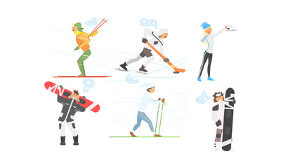 Winter sports activities set, skiing, hockey, figure skating, snowboarding vector Illustration
