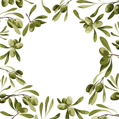 Vector circle frame with olive tree decoration. Vegan food illustration