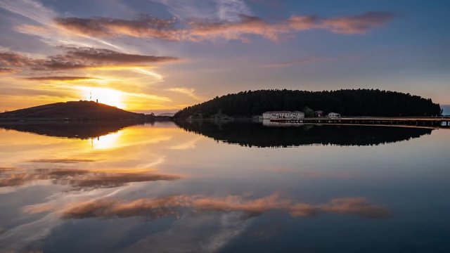 sunset time lapse of Byzantine St. Mary's Monastery on Zvernec Island in lagoon of Narta, Vlore, Albania 