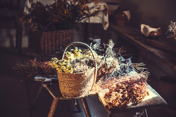 Fototapeta Rustic still life with dried flowers and herbs obraz