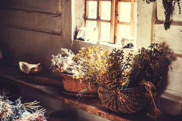 Rustic still life with dried flowers and herbs - obrazy, fototapety, plakaty