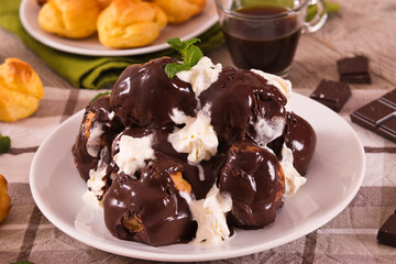 Chocolate profiteroles.