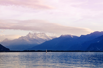 Lake Geneva in Montreux with Swiss Alps view