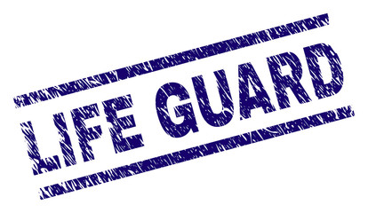 LIFE GUARD seal print with grunge style. Blue vector rubber print of LIFE GUARD caption with grunge texture. Text label is placed between parallel lines.