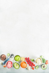 Trendy vegan food, summer healthy dessert concept, colorful diet vegetable ice cream with avocado, cucumber, tomato, beet, carrot, broccoli, cauliflower. Frozen veggie smoothie,  banner