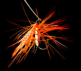 Feathers on the hook for fishing on a black background