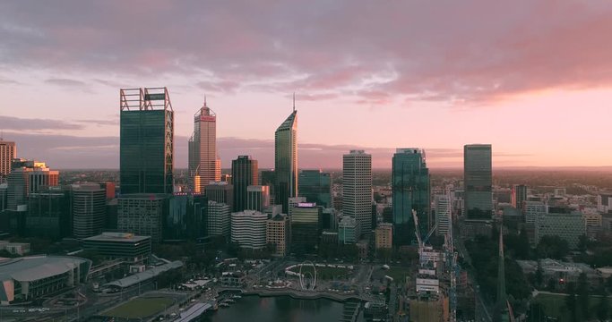 Aerial views in Perth, Western Australia. City views. Morning Sunrise color.