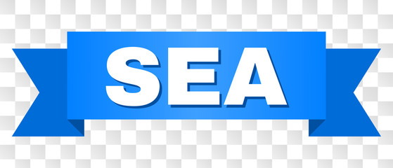 SEA text on a ribbon. Designed with white title and blue stripe. Vector banner with SEA tag on a transparent background.