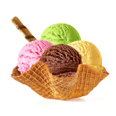 Strawberry, chocolate, green tea, pistachios, kiwi fuits scoops in waffle bowl  with stick                                               