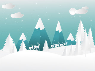 scenery in winter. snow and beautiful pine trees. paper art design