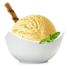 Lemon, vanilla or mango ice cream scoop with wafer stick in bowl isolated on white background