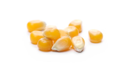 Yellow raw corn kernels isolated on white background, macro