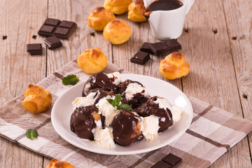 Chocolate profiteroles.