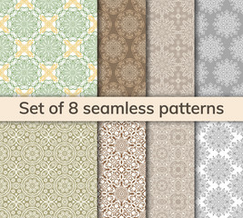 Set of 8 patterns. Collection arabic, indian, japanese, islamic motifs. Mandala seamless pattern.