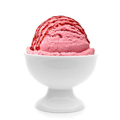 Strawberry ice cream scoop with syrup, sauce or sherbet in bowl isolated on white background