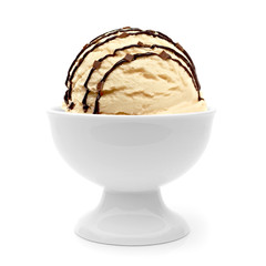 Vanilla ice cream scoop with chocolate syrup, sauce or sherbet in bowl isolated on white background