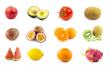 Collection of various fresh fruits and vegetables isolated on white background