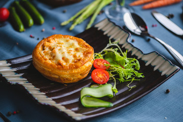  pie with salad and glass of wine