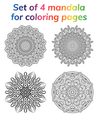 Coloring book pages set. Collection mandala. Indian antistress medallion. Abstract islamic flower, arabic henna design, yoga symbol