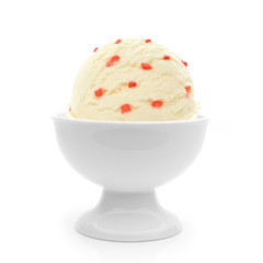 Vanilla ice cream scoop in bowl with strawberry parts or pieces isolated on white background