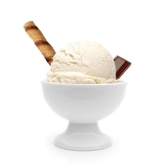 Vanilla ice cream scoop in bowl with wafer stick and chocolate bar isolated on white background
