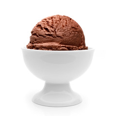 Chocolate ice cream scoop in bowl isolated on white background