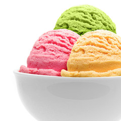Strawberry, Mint, pistachio, green tea ice cream scoops in bowl isolated on white background