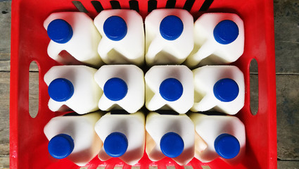 Top view of bottles with milk